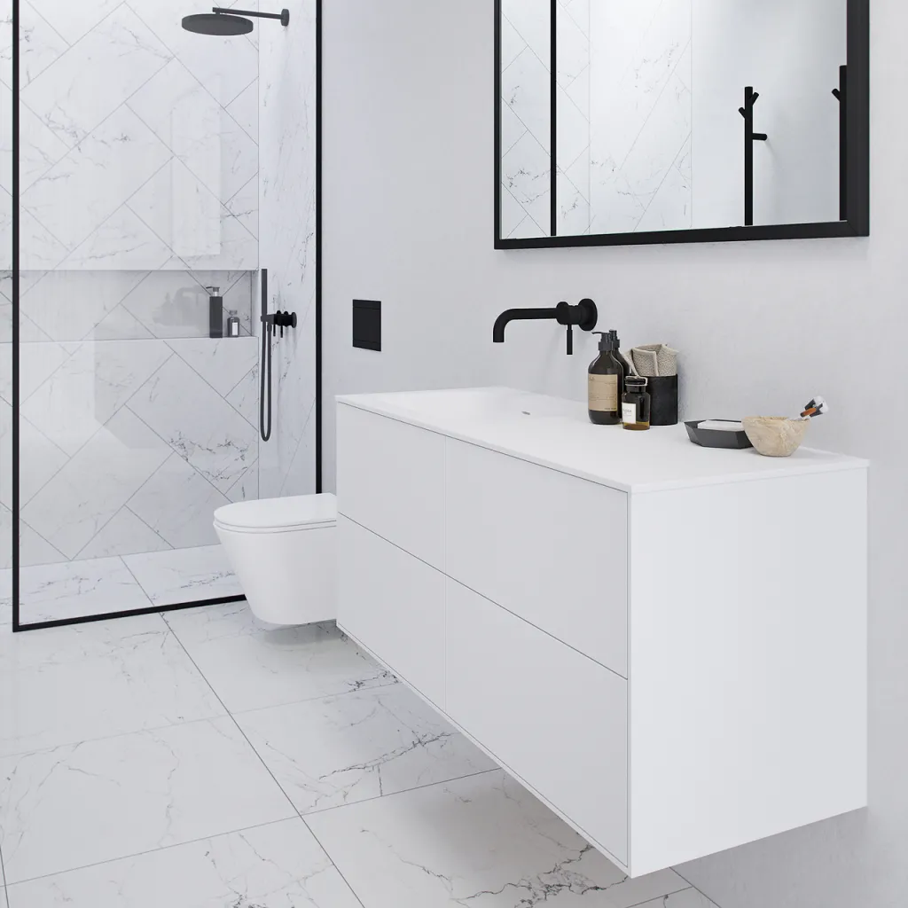 Pulcher Mood 120L Soft - Badmöbel 120x46 cm, Mattweiß mit SolidTec® Waschbecken