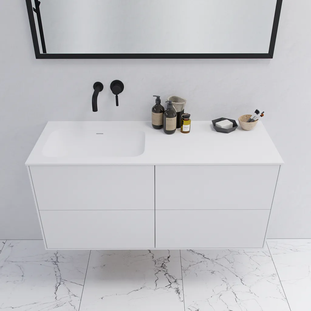 Pulcher Mood 120L Soft - Badmöbel 120x46 cm, Mattweiß mit SolidTec® Waschbecken