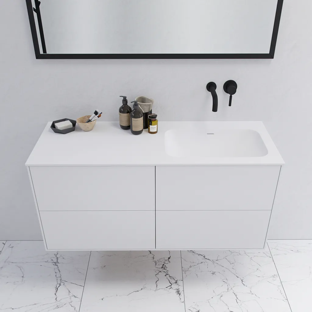 Pulcher Mood 120R Soft - Badmöbel 120x46 cm, Mattweiß mit SolidTec® Waschbecken