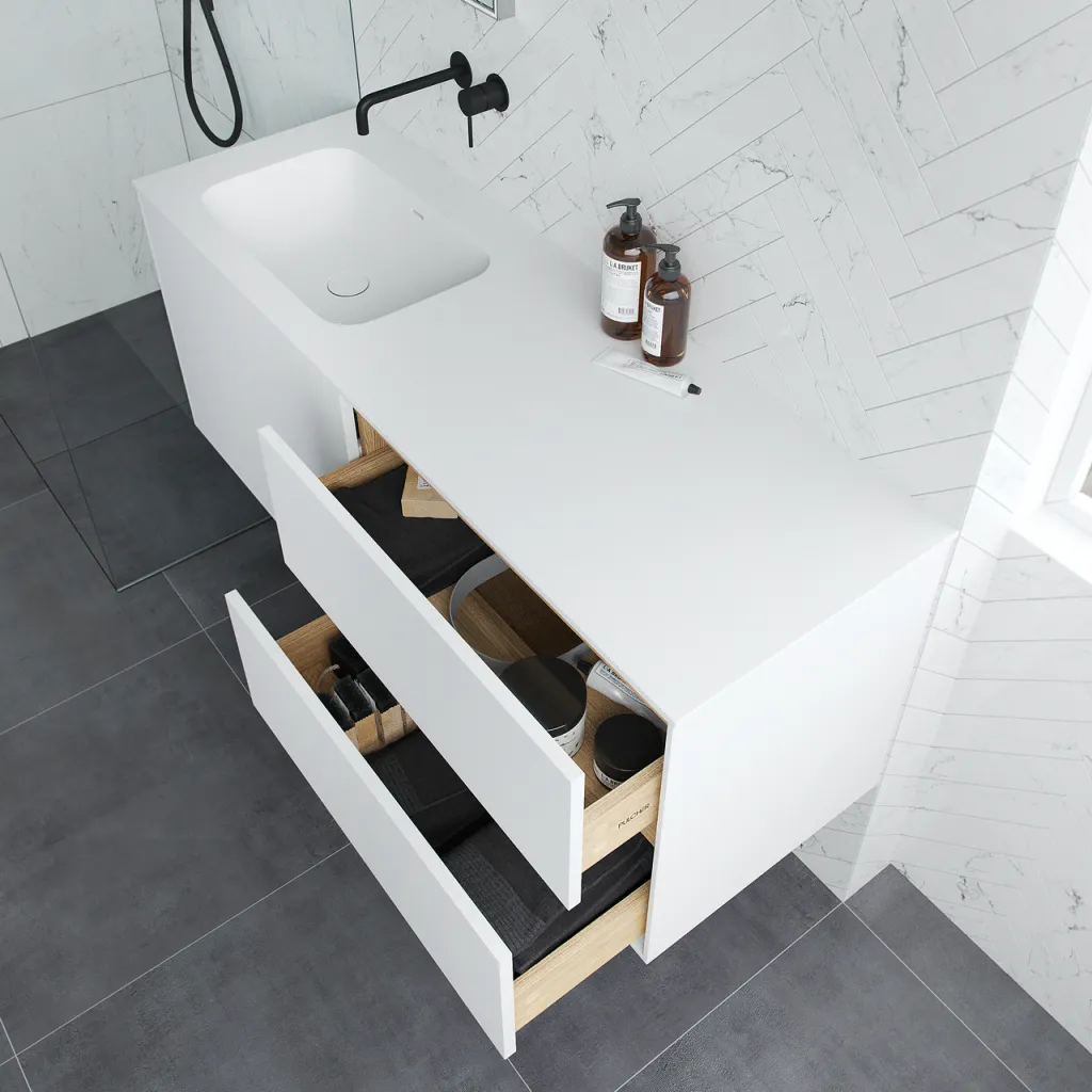 Pulcher Mood 140L Soft - Badmöbel 140x46 cm, Mattweiß mit SolidTec® Waschbecken