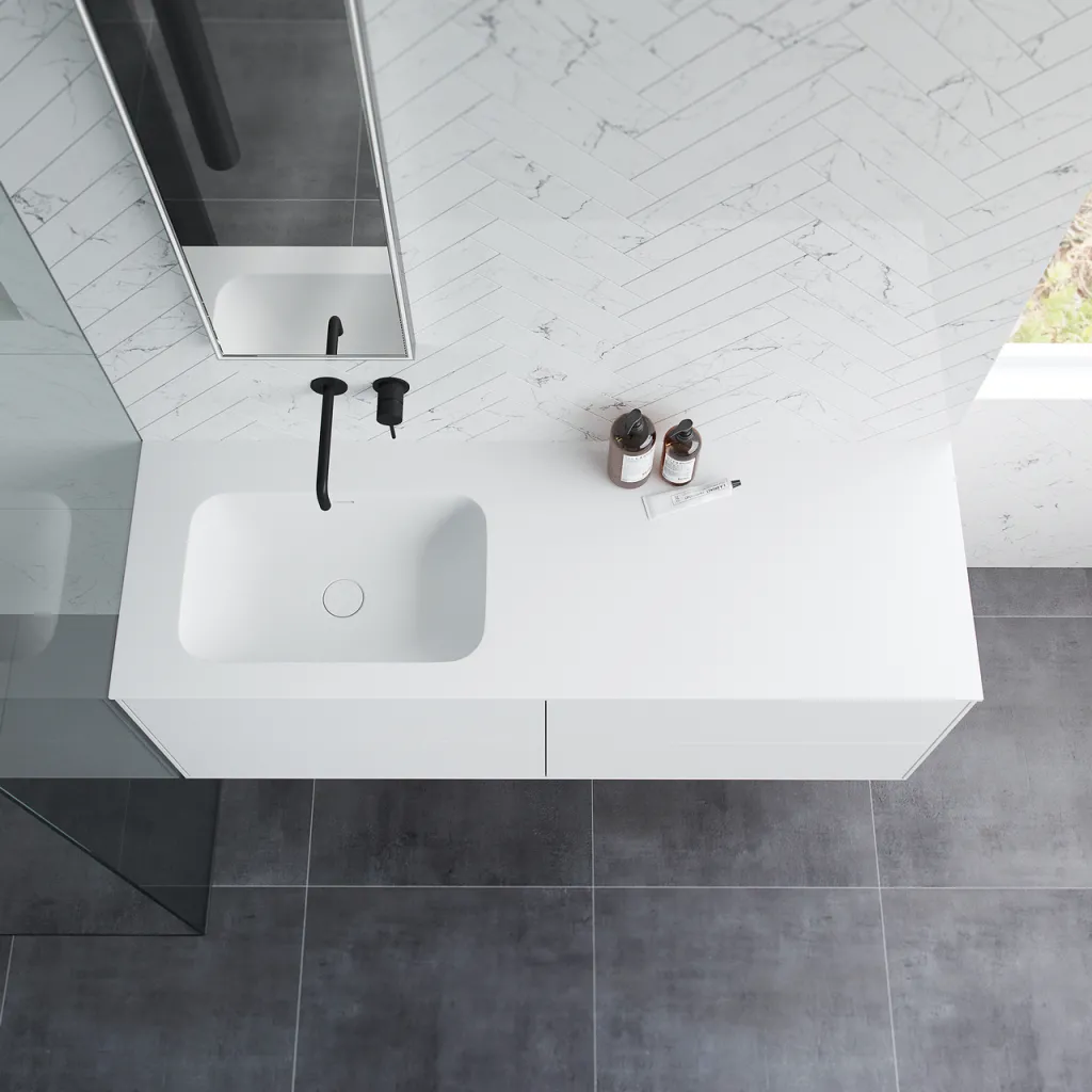 Pulcher Mood 140L Soft - Badmöbel 140x46 cm, Mattweiß mit SolidTec® Waschbecken