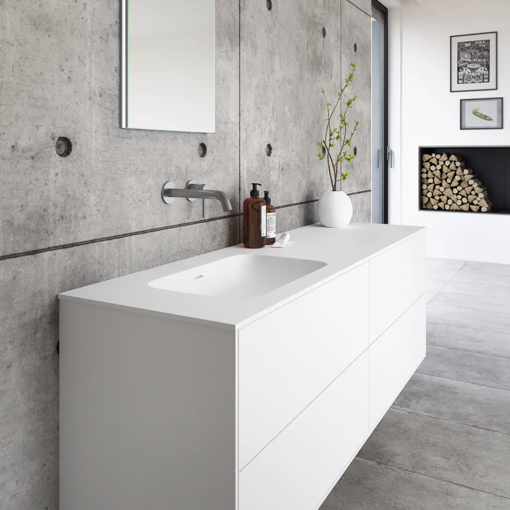 Pulcher Mood 160L Soft - Badmöbel 160x46 cm, Mattweiß mit SolidTec® Waschbecken