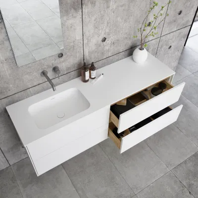 Pulcher Mood 160L Soft - Badmöbel 160x46 cm, Mattweiß mit SolidTec® Waschbecken