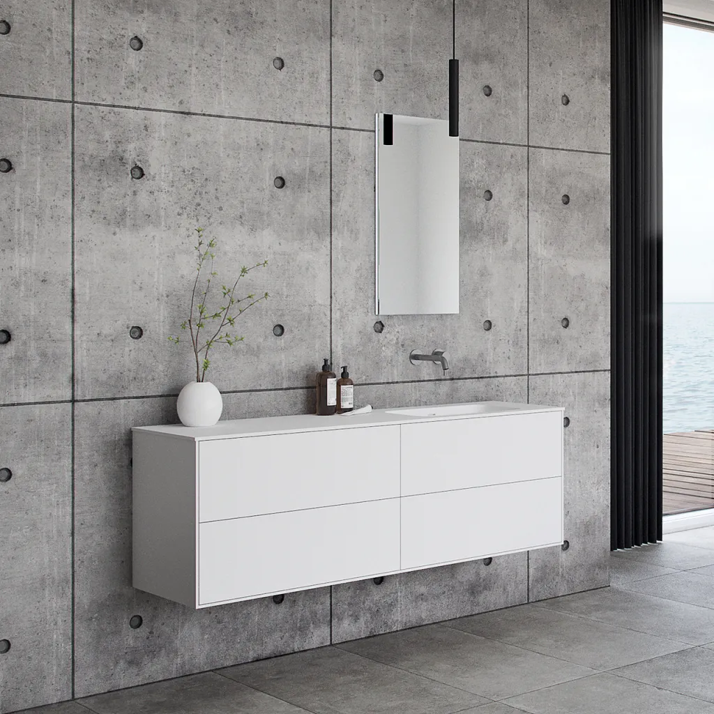 Pulcher Mood 160R Soft - Badmöbel 160x46 cm, Mattweiß mit SolidTec® Waschbecken