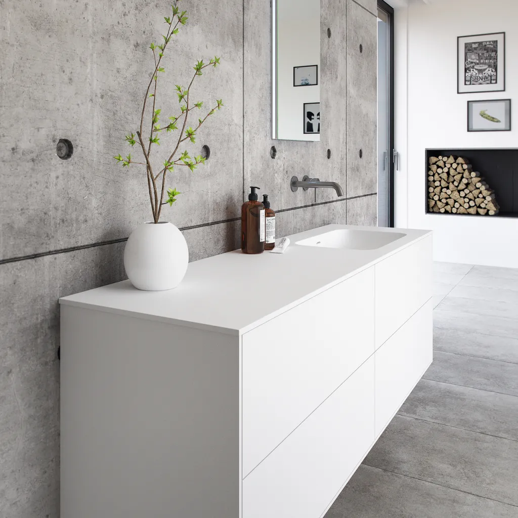 Pulcher Mood 160R Soft - Badmöbel 160x46 cm, Mattweiß mit SolidTec® Waschbecken
