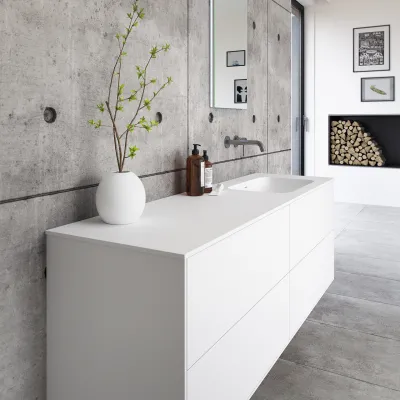 Pulcher Mood 160R Soft - Badmöbel 160x46 cm, Mattweiß mit SolidTec® Waschbecken