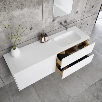 Pulcher Mood 160R Soft - Badmöbel 160x46 cm, Mattweiß mit SolidTec® Waschbecken