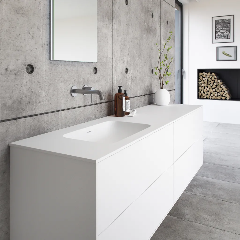 Pulcher Mood 180L Soft - Badmöbel 180x46 cm, Mattweiß mit SolidTec® Waschbecken