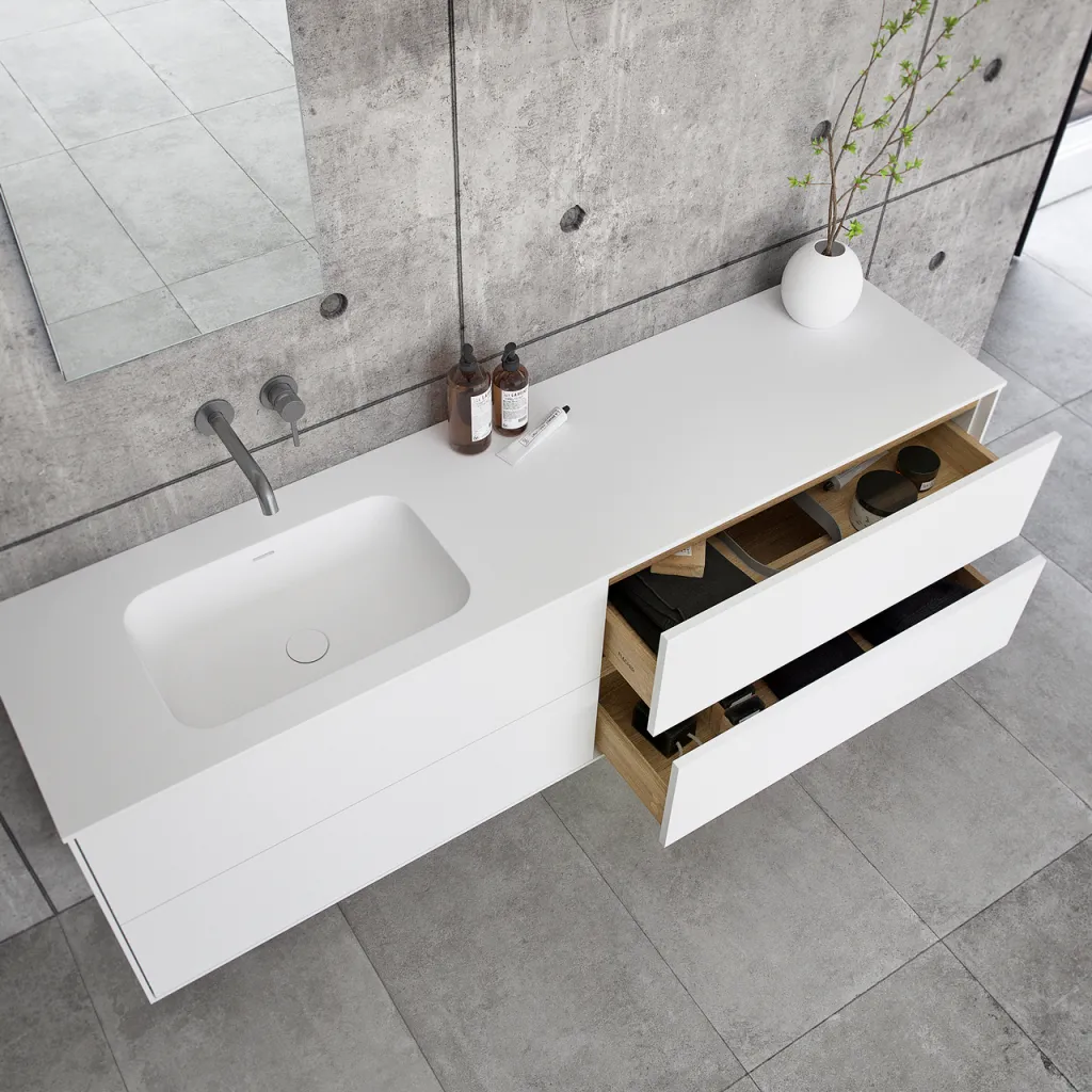 Pulcher Mood 180L Soft - Badmöbel 180x46 cm, Mattweiß mit SolidTec® Waschbecken