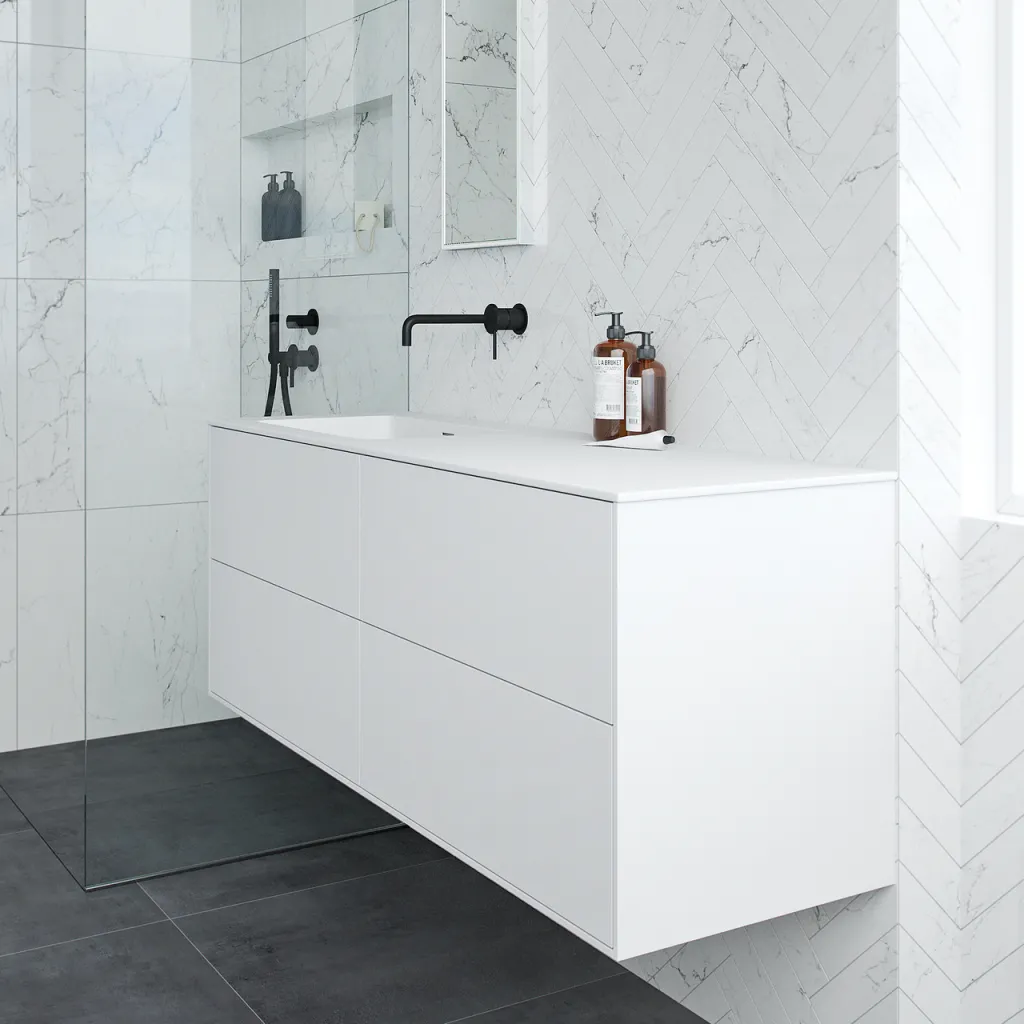 Pulcher Mood 140L Soho - Badmöbel 140x46 cm, Mattweiß mit SolidTec® Waschbecken