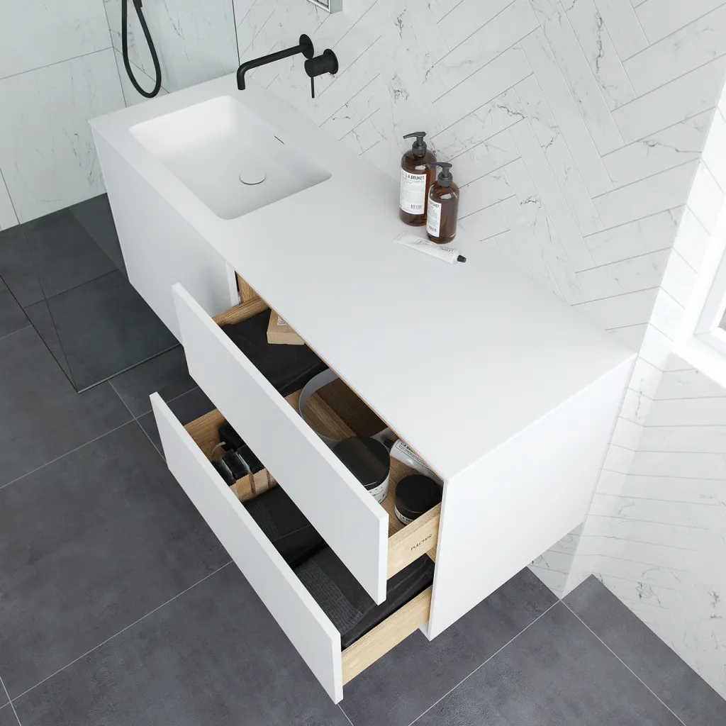 Pulcher Mood 140L Soho - Badmöbel 140x46 cm, Mattweiß mit SolidTec® Waschbecken