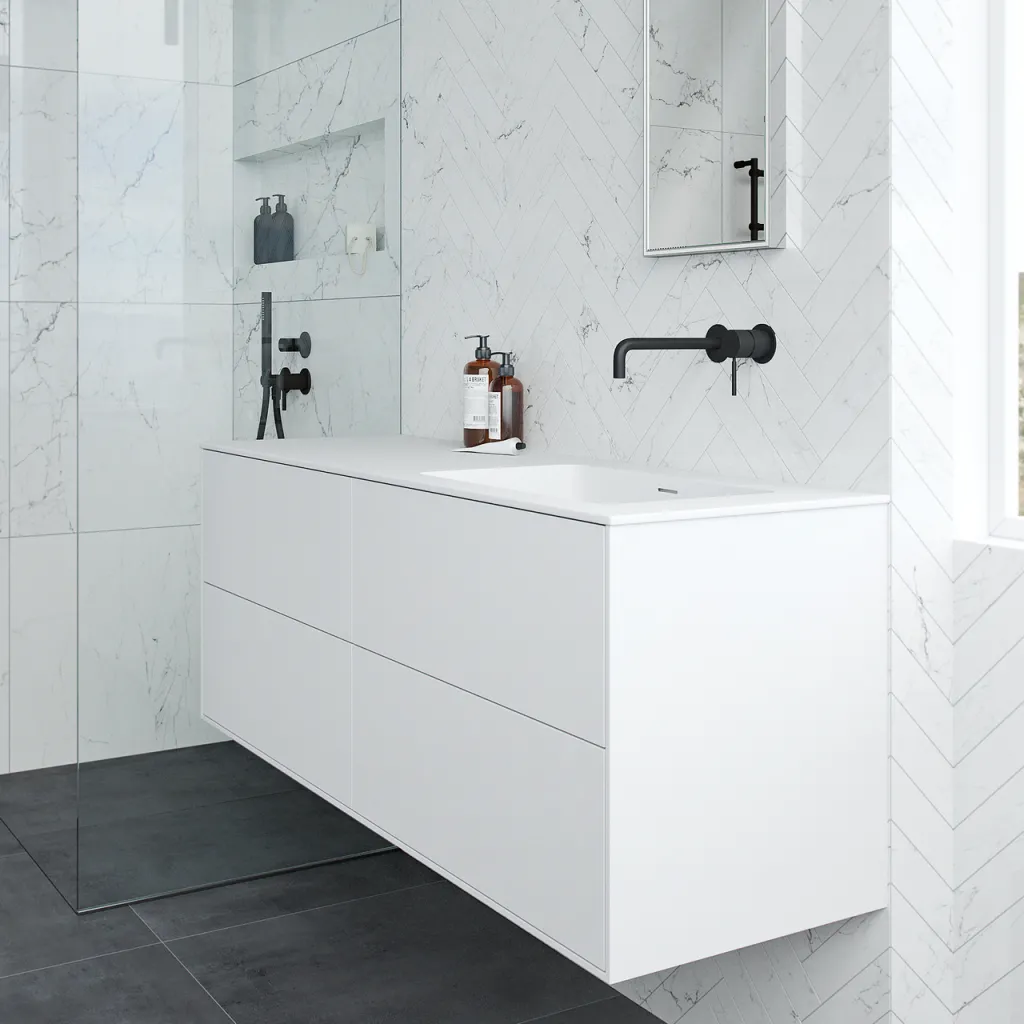 Pulcher Mood 140R Soho - Badmöbel 140x46 cm, Mattweiß mit SolidTec® Waschbecken