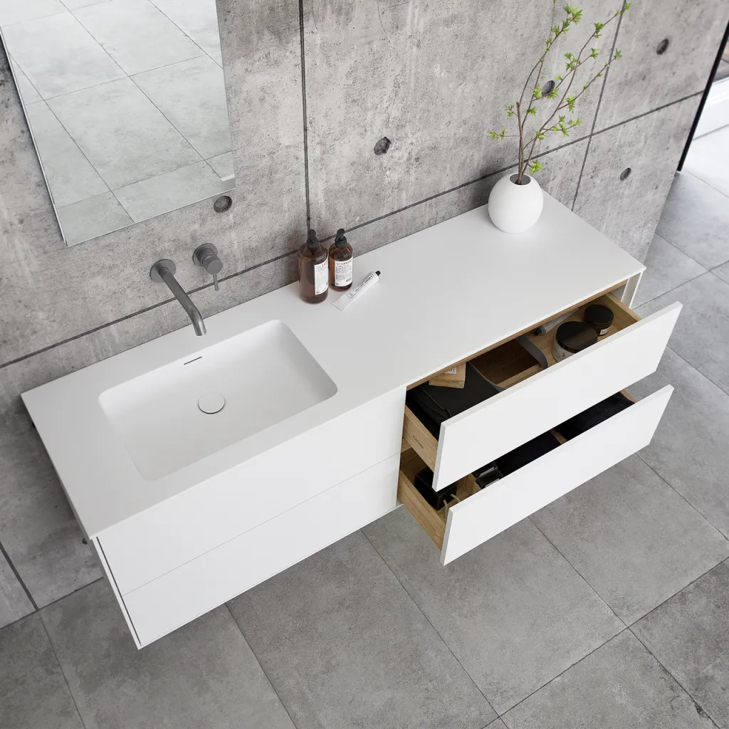 Pulcher Mood 160L Soho - Badmöbel 160x46 cm, Mattweiß mit SolidTec® Waschbecken
