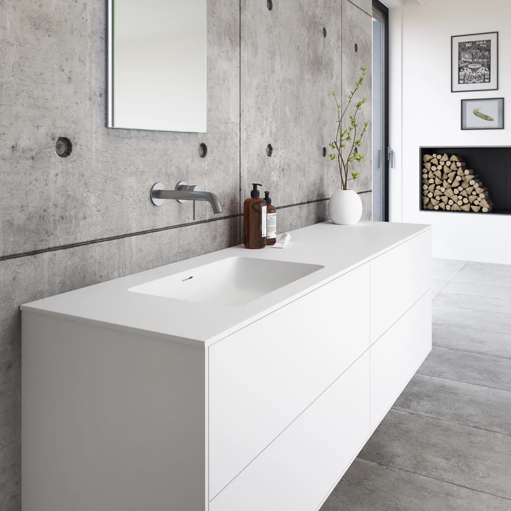 Pulcher Mood 180L Soho - Badmöbel 180x46 cm, Mattweiß mit SolidTec® Waschbecken