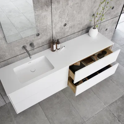 Pulcher Mood 180L Soho - Badmöbel 180x46 cm, Mattweiß mit SolidTec® Waschbecken