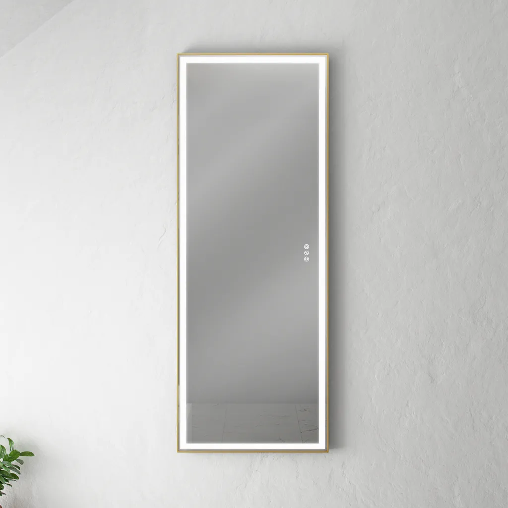 Pulcher Soho Mirror PSM-1453 - 140 x 53,5 cm. Spiegel mit Licht und Lichtsteuerung, mattmessingfarbener Rahmen