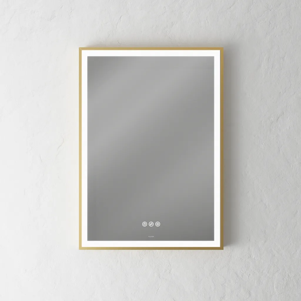 Pulcher Soho Mirror PSM-5070 - 50x70 cm. Spiegel mit Licht und Lichtsteuerung, mattmessingfarbener Rahmen