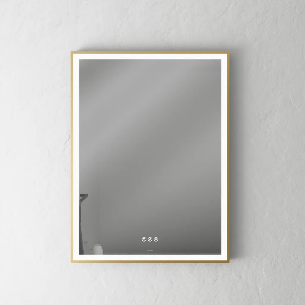 Pulcher Soho Mirror PSM-6080 - 60x80 cm. Spiegel mit Licht und Lichtsteuerung, mattmessingfarbener Rahmen