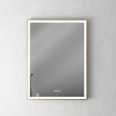 Pulcher Soho Mirror PSM-6080 - 60x80 cm. Spiegel mit Licht und Lichtsteuerung, mattmessingfarbener Rahmen