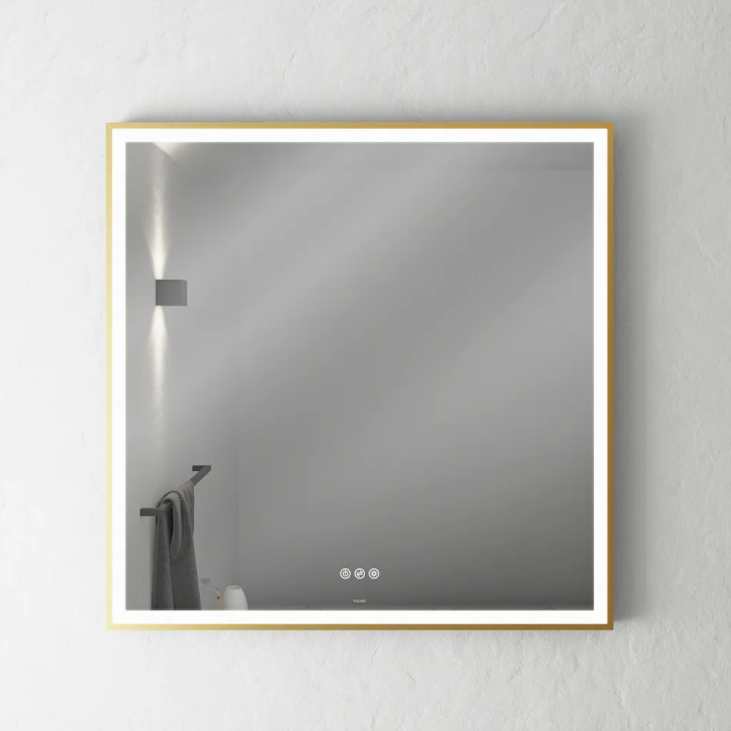 Pulcher Soho Mirror PSM-8080 - 80x80 cm. Spiegel mit Licht und Lichtsteuerung, mattmessingfarbener Rahmen