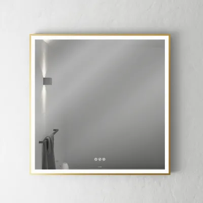 Pulcher Soho Mirror PSM-8080 - 80x80 cm. Spiegel mit Licht und Lichtsteuerung, mattmessingfarbener Rahmen