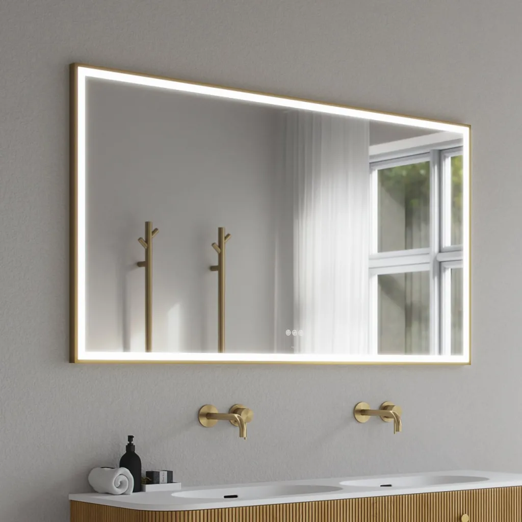 Pulcher Soho Mirror PSM-1480 - 140x80 cm. Spiegel mit Licht und Lichtsteuerung, mattmessingfarbener Rahmen
