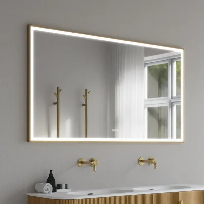 Pulcher Soho Mirror PSM-1480 - 140x80 cm. Spiegel mit Licht und Lichtsteuerung, mattmessingfarbener Rahmen
