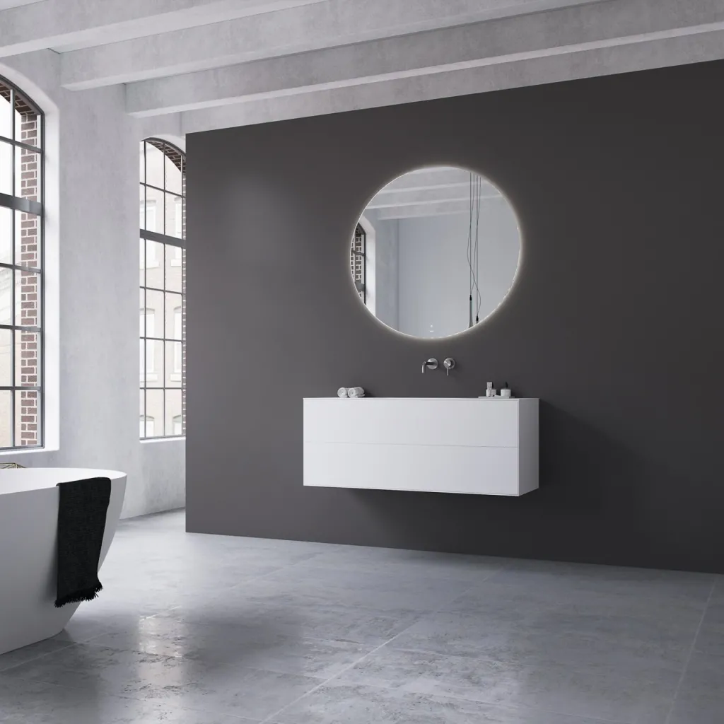 Copenhagen Chic 120 - MKII, Schrank, 2 Schubladen, Spüle und Korpus aus Corian® Glacier White, Fronten in Mattweiß