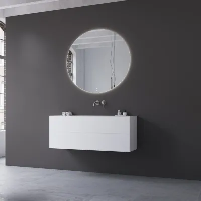 Copenhagen Chic 120 - MKII, Schrank, 2 Schubladen, Spüle und Korpus aus Corian® Glacier White, Fronten in Mattweiß