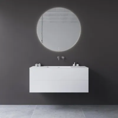 Copenhagen Chic 120 - MKII, Schrank, 2 Schubladen, Spüle und Korpus aus Corian® Glacier White, Fronten in Mattweiß