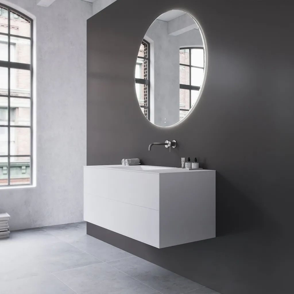 Copenhagen Chic 120 - MKII, Schrank, 2 Schubladen, Spüle und Korpus aus Corian® Glacier White, Fronten in Mattweiß