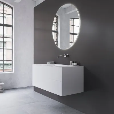 Copenhagen Chic 120 - MKII, Schrank, 2 Schubladen, Spüle und Korpus aus Corian® Glacier White, Fronten in Mattweiß