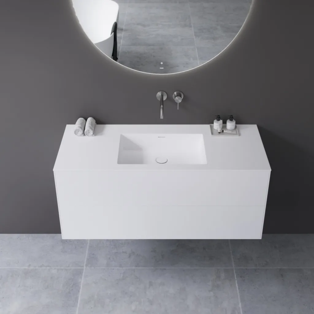 Copenhagen Chic 120 - MKII, Schrank, 2 Schubladen, Spüle und Korpus aus Corian® Glacier White, Fronten in Mattweiß