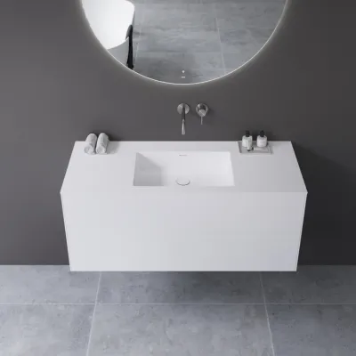 Copenhagen Chic 120 - MKII, Schrank, 2 Schubladen, Spüle und Korpus aus Corian® Glacier White, Fronten in Mattweiß