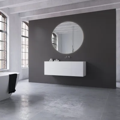 Copenhagen Chic 140 - MKII, Schrank, 6 Schubladen, Spüle und Korpus aus Corian® Glacier White, Fronten in Mattweiß