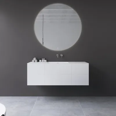 Copenhagen Chic 140 - MKII, Schrank, 6 Schubladen, Spüle und Korpus aus Corian® Glacier White, Fronten in Mattweiß