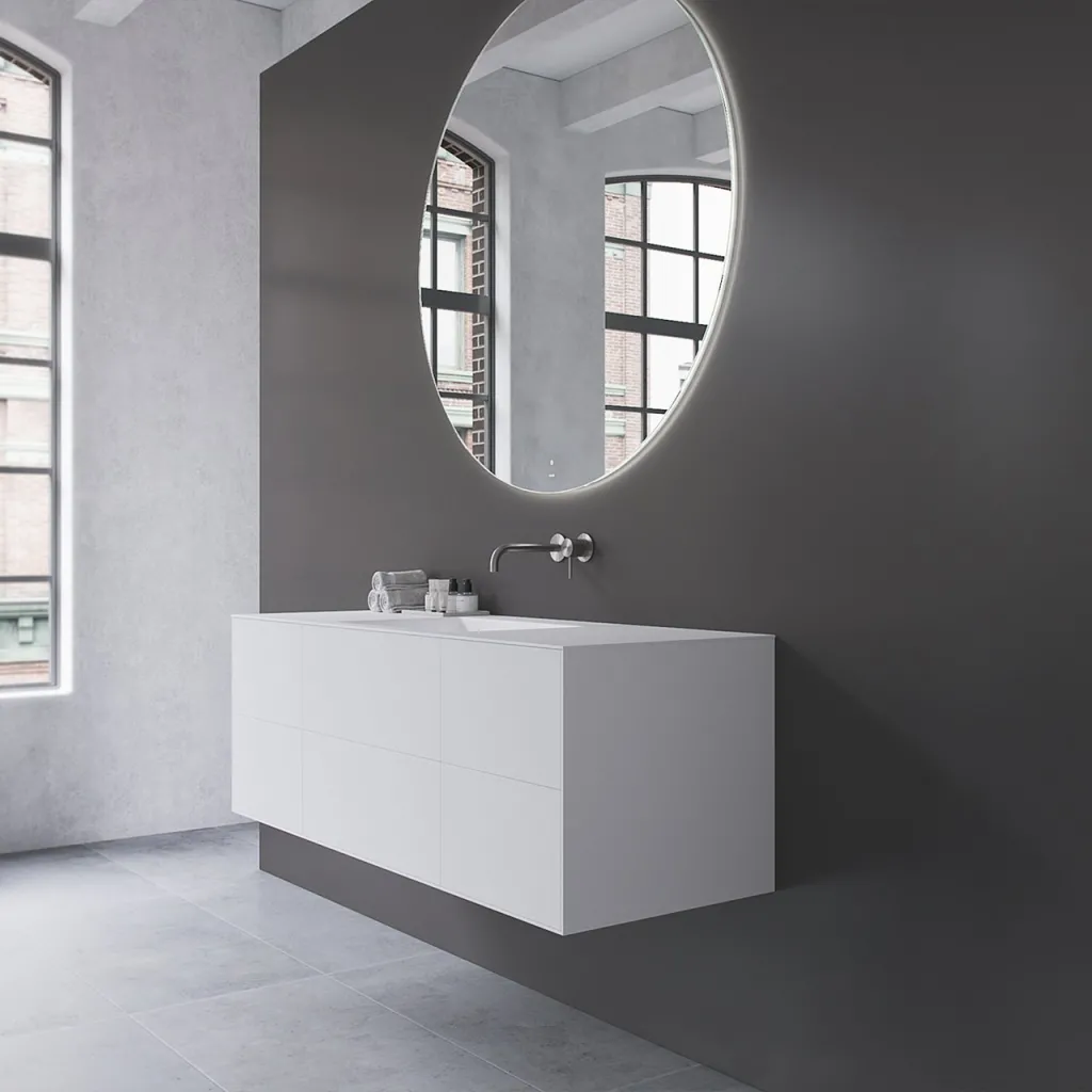 Copenhagen Chic 140 - MKII, Schrank, 6 Schubladen, Spüle und Korpus aus Corian® Glacier White, Fronten in Mattweiß
