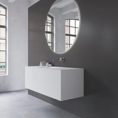 Copenhagen Chic 140 - MKII, Schrank, 6 Schubladen, Spüle und Korpus aus Corian® Glacier White, Fronten in Mattweiß