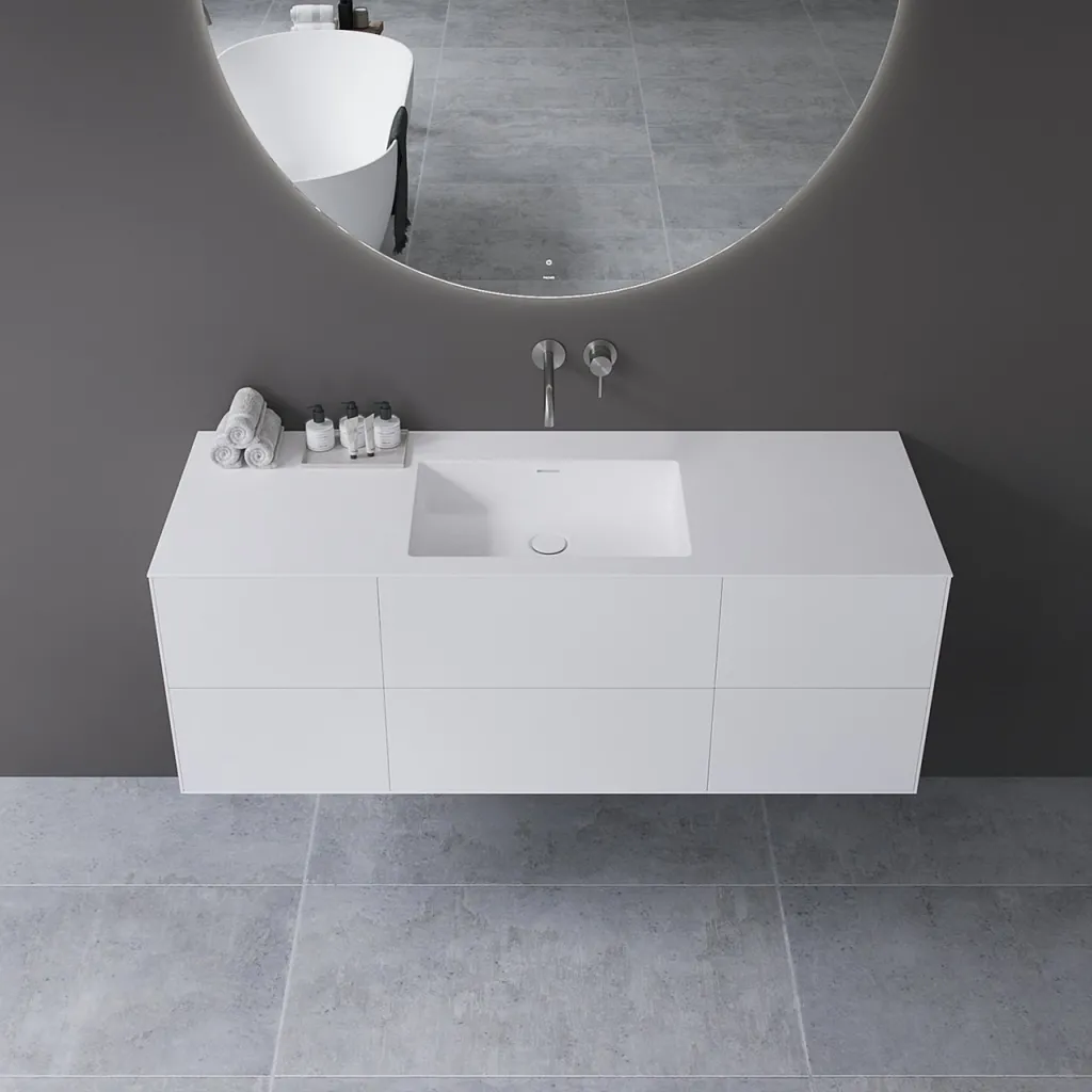 Copenhagen Chic 140 - MKII, Schrank, 6 Schubladen, Spüle und Korpus aus Corian® Glacier White, Fronten in Mattweiß