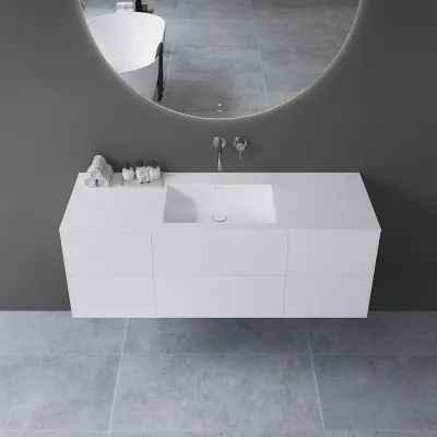 Copenhagen Chic 140 - MKII, Schrank, 6 Schubladen, Spüle und Korpus aus Corian® Glacier White, Fronten in Mattweiß