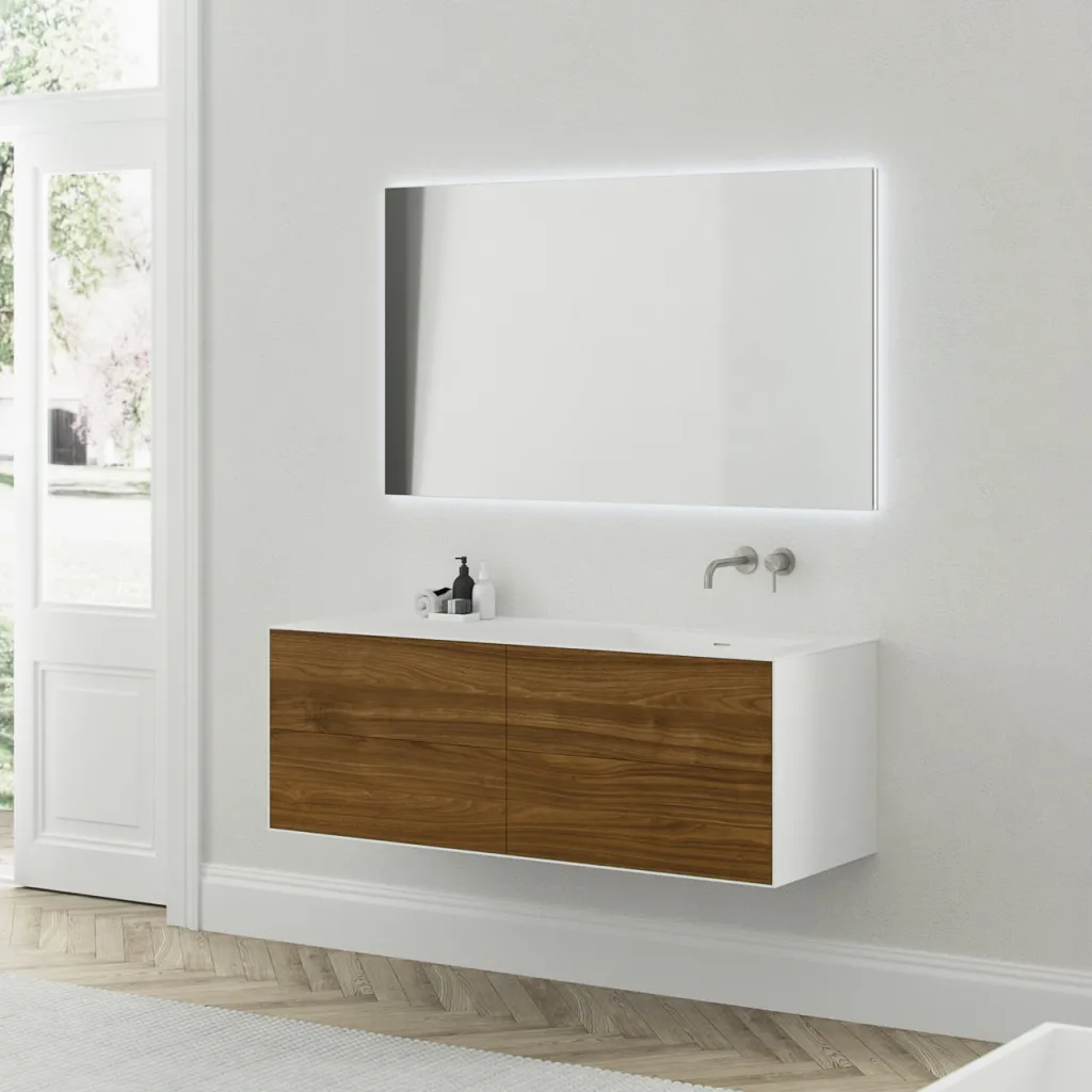 Copenhagen Chic 140R - Badezimmermöbel MKII, Glacier White Corian® mit amerikanischem Nussbaum