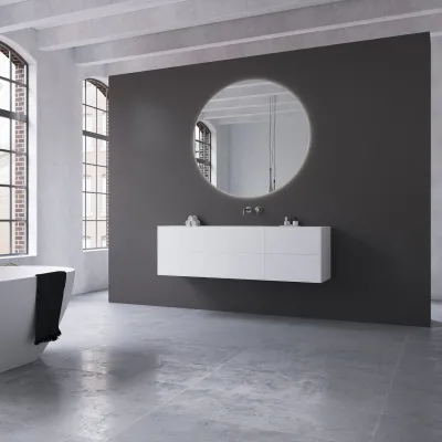 Copenhagen Chic 160 - MKII, Schrank, 6 Schubladen, Spüle und Korpus aus Corian® Glacier White, Fronten in Mattweiß
