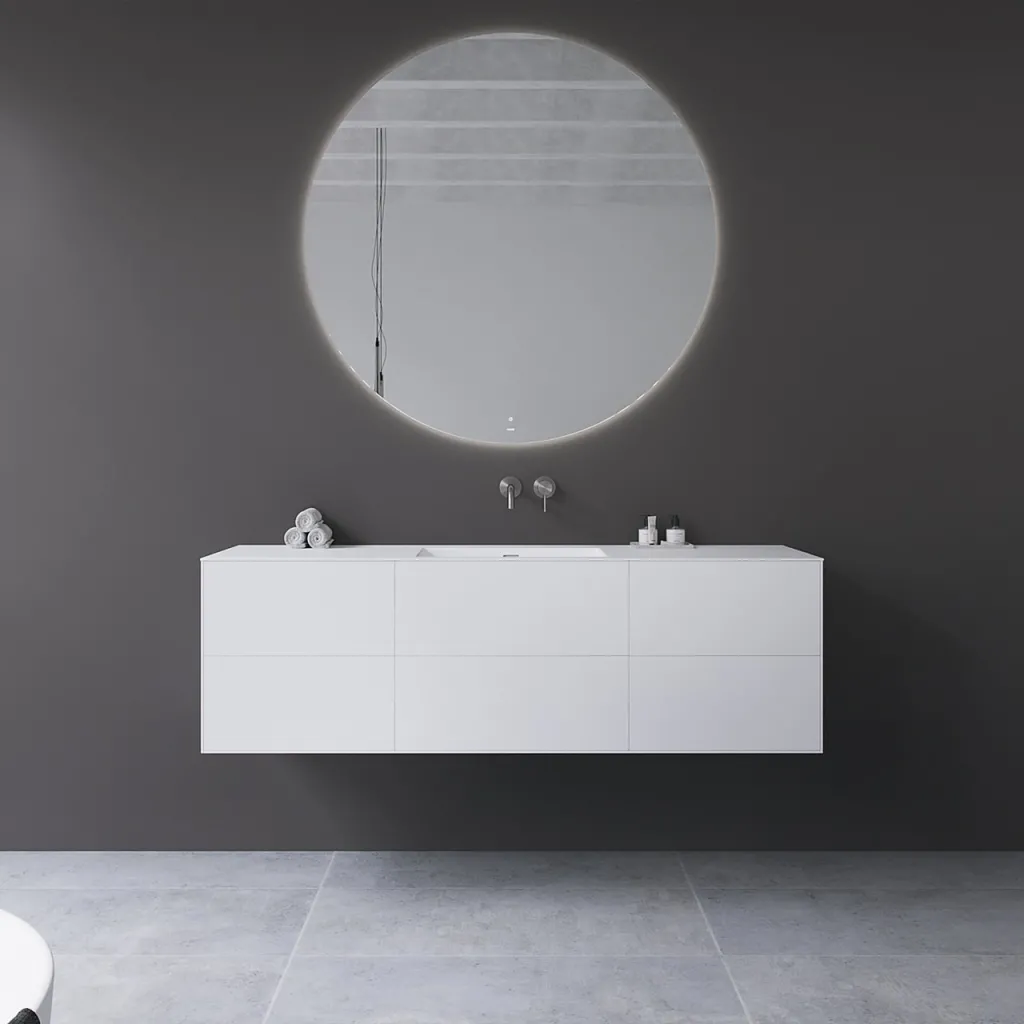 Copenhagen Chic 160 - MKII, Schrank, 6 Schubladen, Spüle und Korpus aus Corian® Glacier White, Fronten in Mattweiß