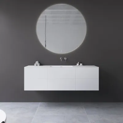 Copenhagen Chic 160 - MKII, Schrank, 6 Schubladen, Spüle und Korpus aus Corian® Glacier White, Fronten in Mattweiß