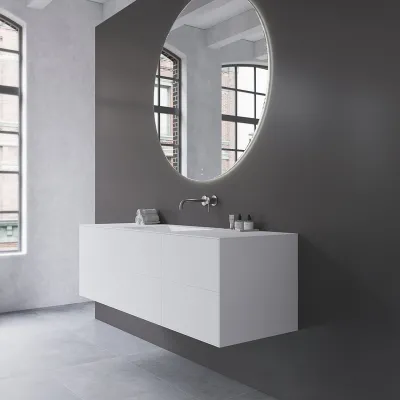 Copenhagen Chic 160 - MKII, Schrank, 6 Schubladen, Spüle und Korpus aus Corian® Glacier White, Fronten in Mattweiß