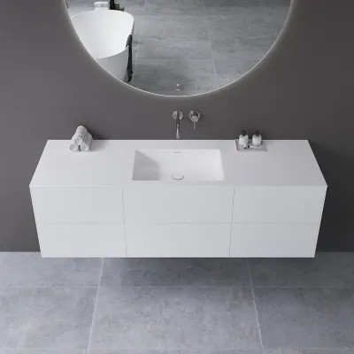 Copenhagen Chic 160 - MKII, Schrank, 6 Schubladen, Spüle und Korpus aus Corian® Glacier White, Fronten in Mattweiß