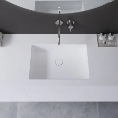Copenhagen Chic 160 - MKII, Schrank, 6 Schubladen, Spüle und Korpus aus Corian® Glacier White, Fronten in Mattweiß