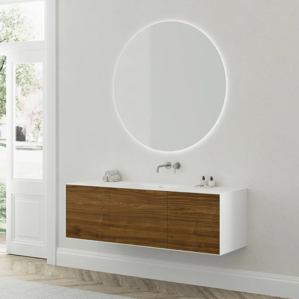 Copenhagen Chic 160 - MKII-Unterschrank, 6 Schubladen, Spüle und Korpus aus Corian® Glacier White mit amerikanischem Nussbaum