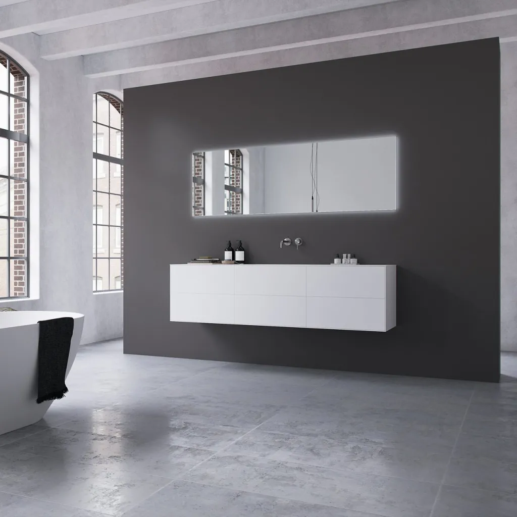 Copenhagen Chic 180 - MKII, Schrank, 6 Schubladen, Spüle und Korpus aus Corian® Glacier White, Fronten in Mattweiß