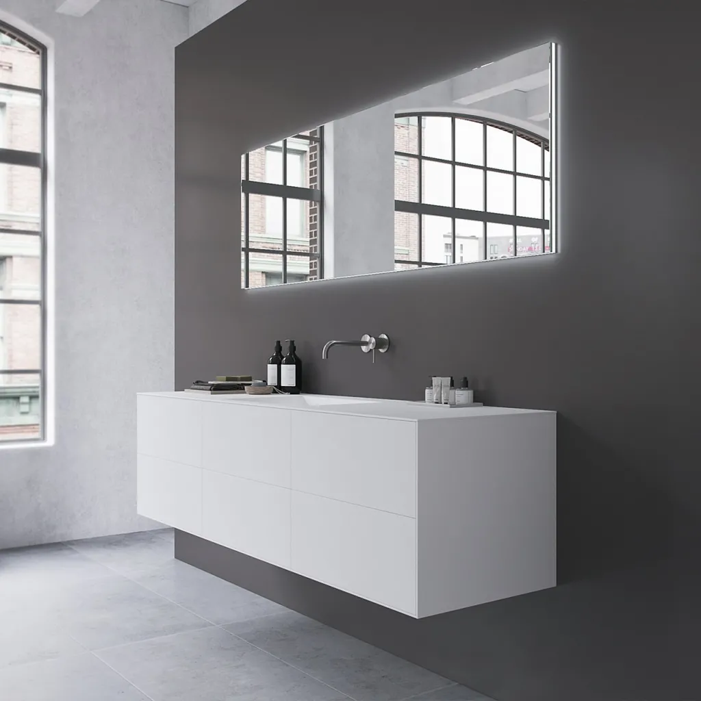 Copenhagen Chic 180 - MKII, Schrank, 6 Schubladen, Spüle und Korpus aus Corian® Glacier White, Fronten in Mattweiß